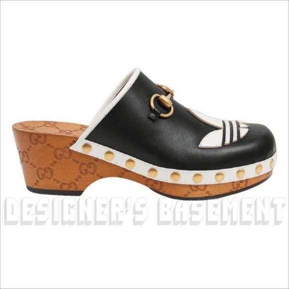 GUCCI x Adidas 36.5EU - 6.5US black Leather Trefoil logo GG platform Clogs shoes - Picture 9 of 12